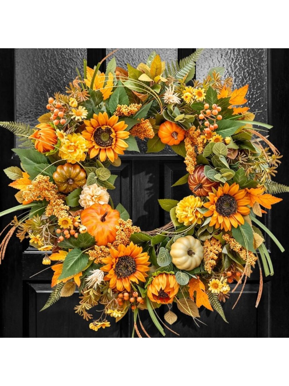 24-Inch Fall Wreath for Front Door - Sunflowers, Pumpkins & Leaves Decor